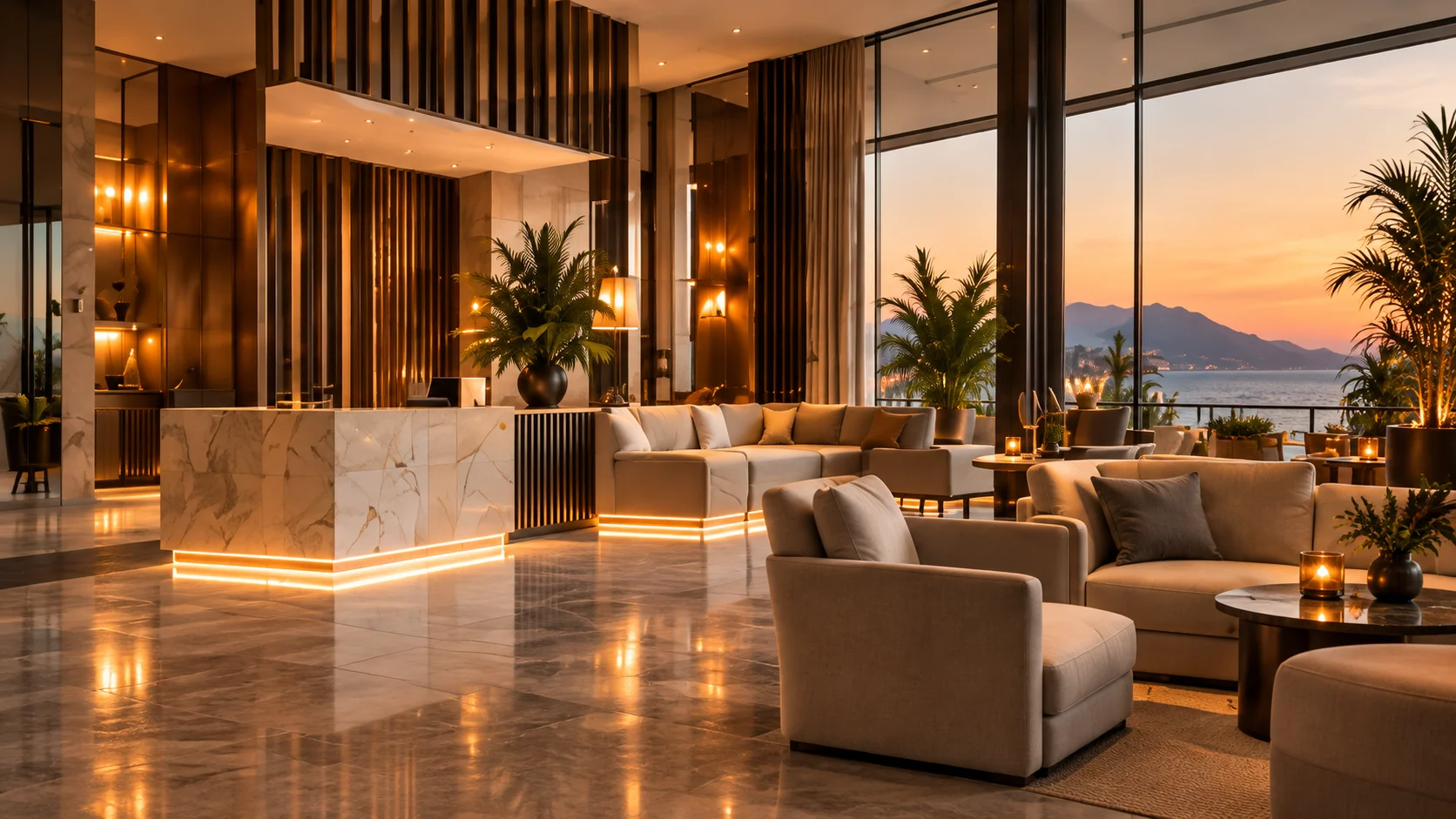 Vestíbulo de hotel con luz cálida y vistas al exterior